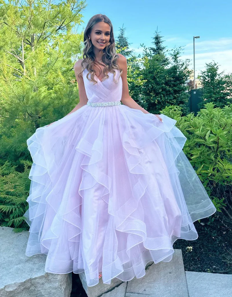omberprom Fashion A-Line Evening Dress V-Neck Ruffled Tulle Prom Dress With Belt
