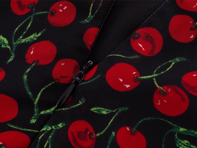 2025 Summer New French Red Cherry Floral Square Neck Short Sleeve Long Dress R0930