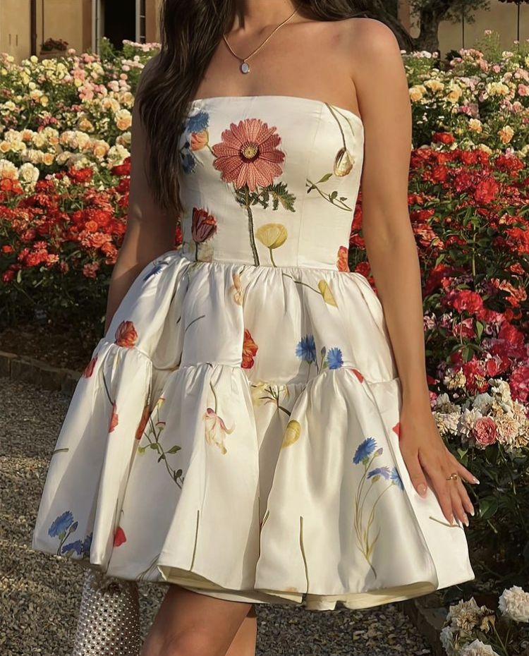 White tube top short skirt printed waist fresh puffy short skirt homecoming dress R3644