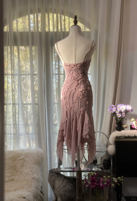 Retro Pink Sparkling Beaded Spaghetti Strap Romantic Chiffon Evening Dress Prom Dresses TP3985