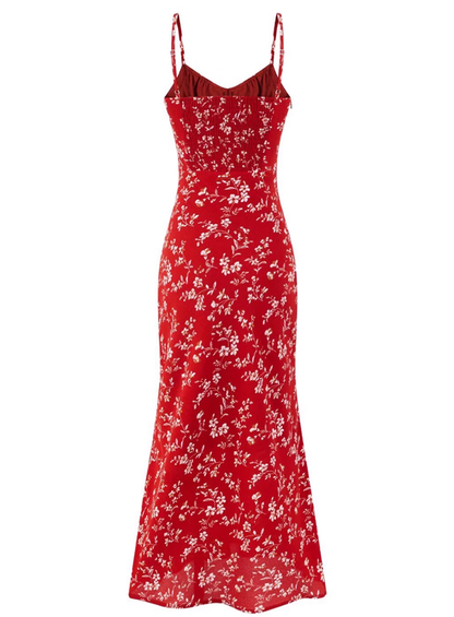 2025 Summer New Red Floral Sexy V-neck Mid-length Holiday Suspender Dress R0919