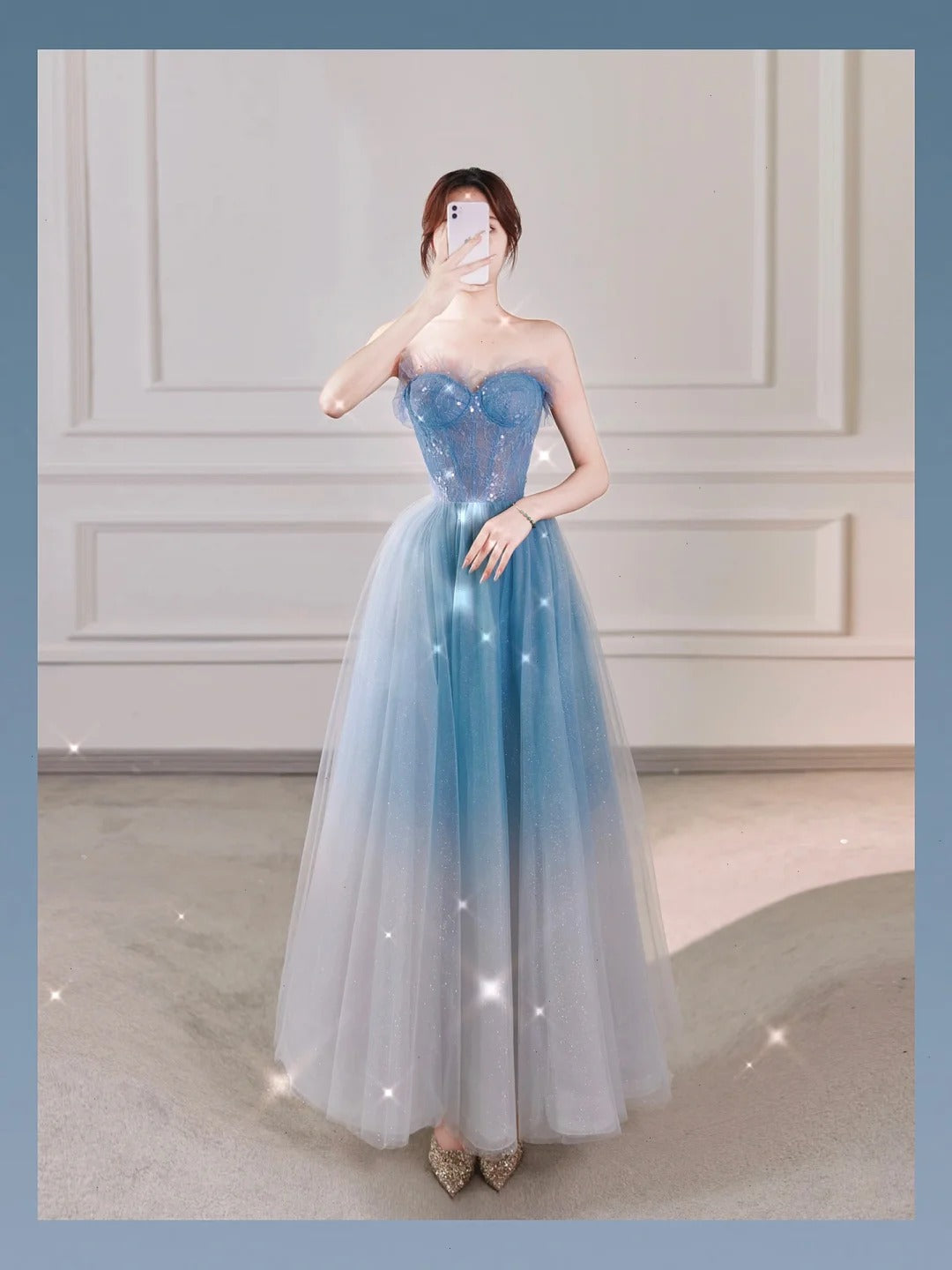 A Line Ombre Tulle Sequin Long Evening Gowns Party Prom Dresses   S6944