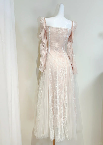 Retro Palace Nude Pink A-line Long Lace Tulle Long Prom Dress Evening Dress P4064