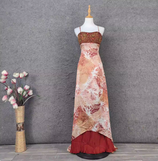 Vintage Red-Brown Gilded Gradient Spaghetti Strap Beaded Satin Long Prom Dress Evening Dress P4640