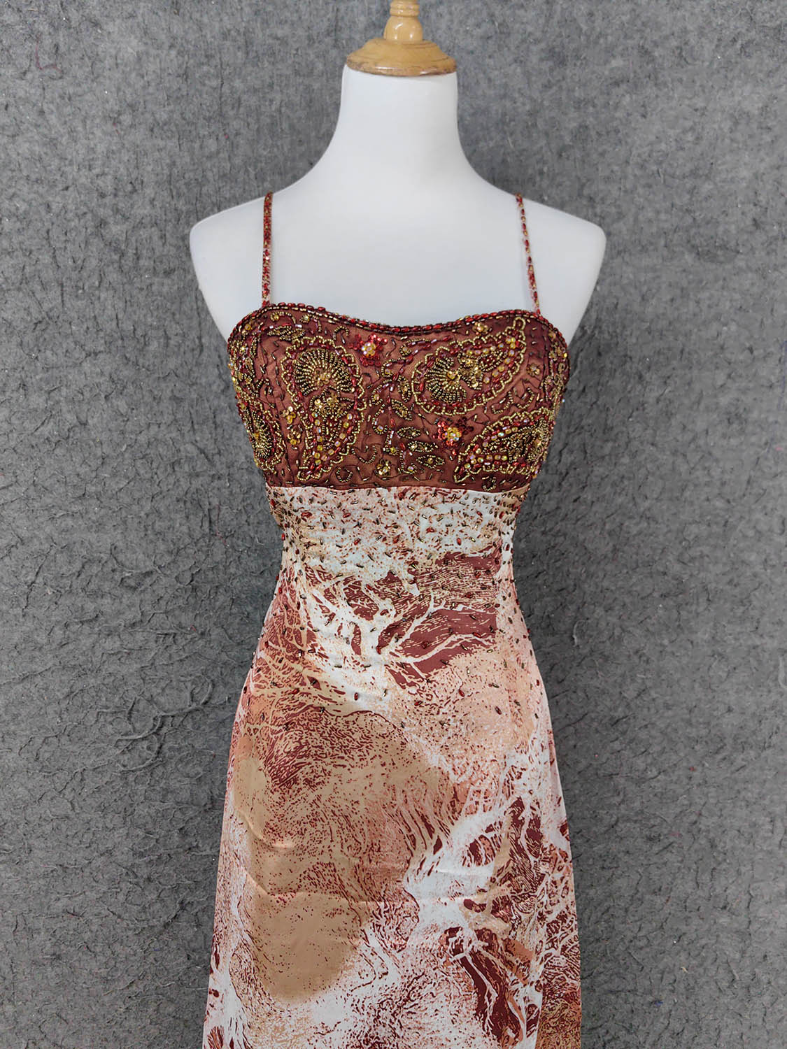 Vintage Red-Brown Gilded Gradient Spaghetti Strap Beaded Satin Long Prom Dress Evening Dress P4640