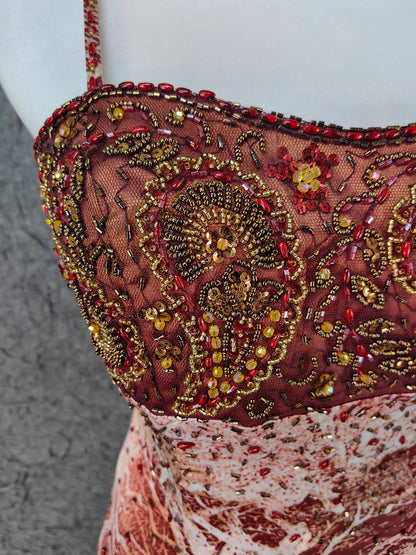 Vintage Red-Brown Gilded Gradient Spaghetti Strap Beaded Satin Long Prom Dress Evening Dress P4640