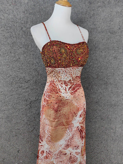 Vintage Red-Brown Gilded Gradient Spaghetti Strap Beaded Satin Long Prom Dress Evening Dress P4640