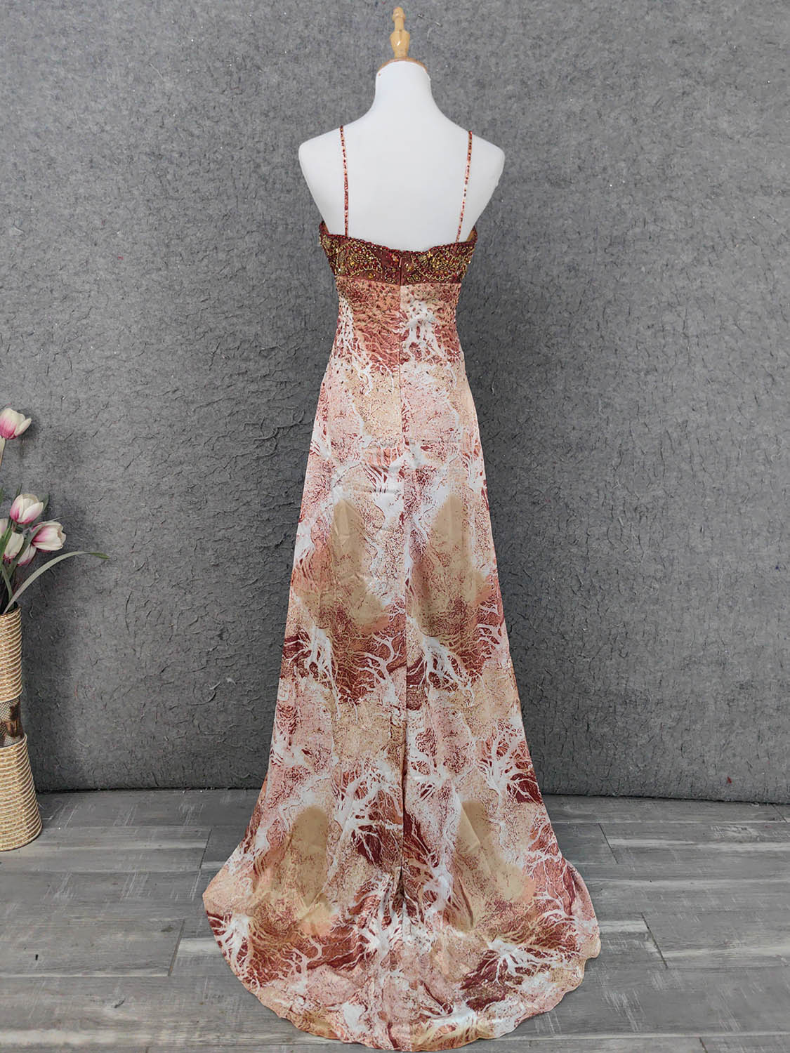 Vintage Red-Brown Gilded Gradient Spaghetti Strap Beaded Satin Long Prom Dress Evening Dress P4640