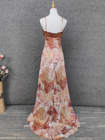 Vintage Red-Brown Gilded Gradient Spaghetti Strap Beaded Satin Long Prom Dress Evening Dress P4640