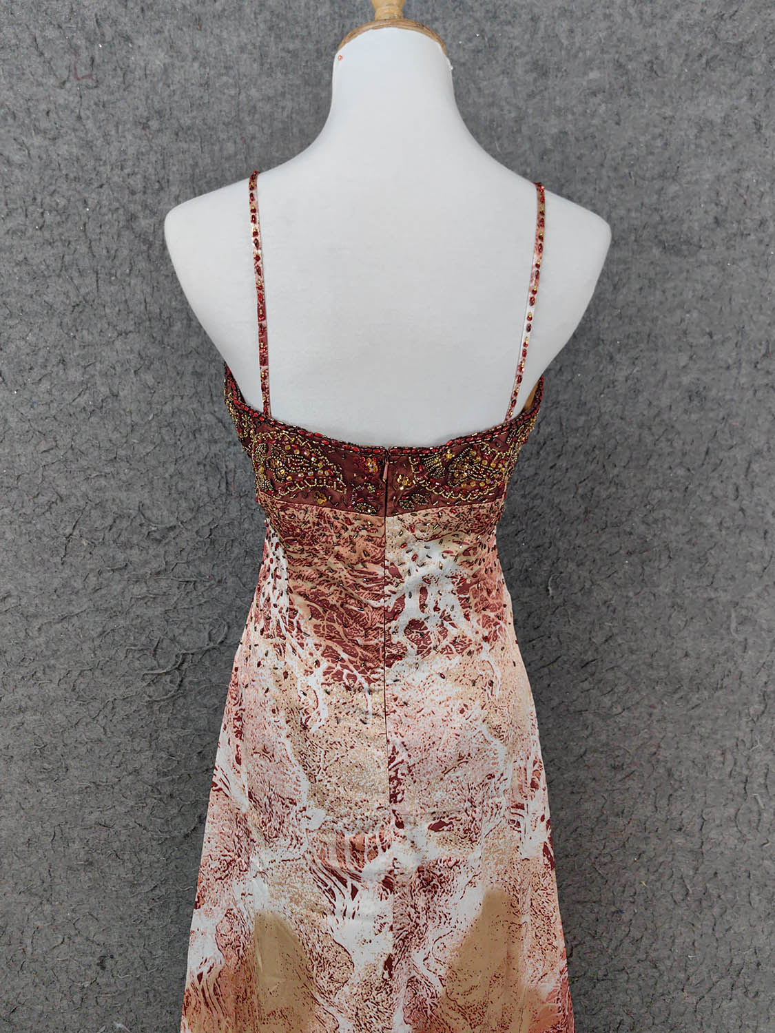 Vintage Red-Brown Gilded Gradient Spaghetti Strap Beaded Satin Long Prom Dress Evening Dress P4640