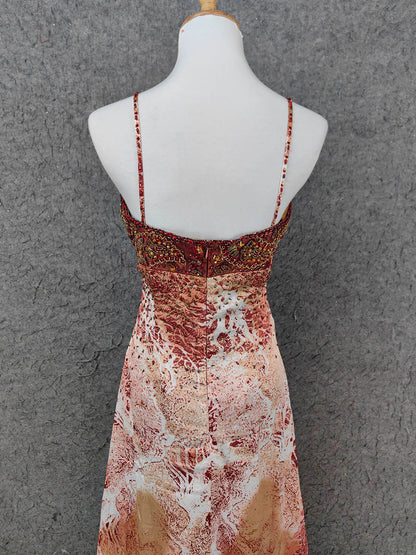 Vintage Red-Brown Gilded Gradient Spaghetti Strap Beaded Satin Long Prom Dress Evening Dress P4640