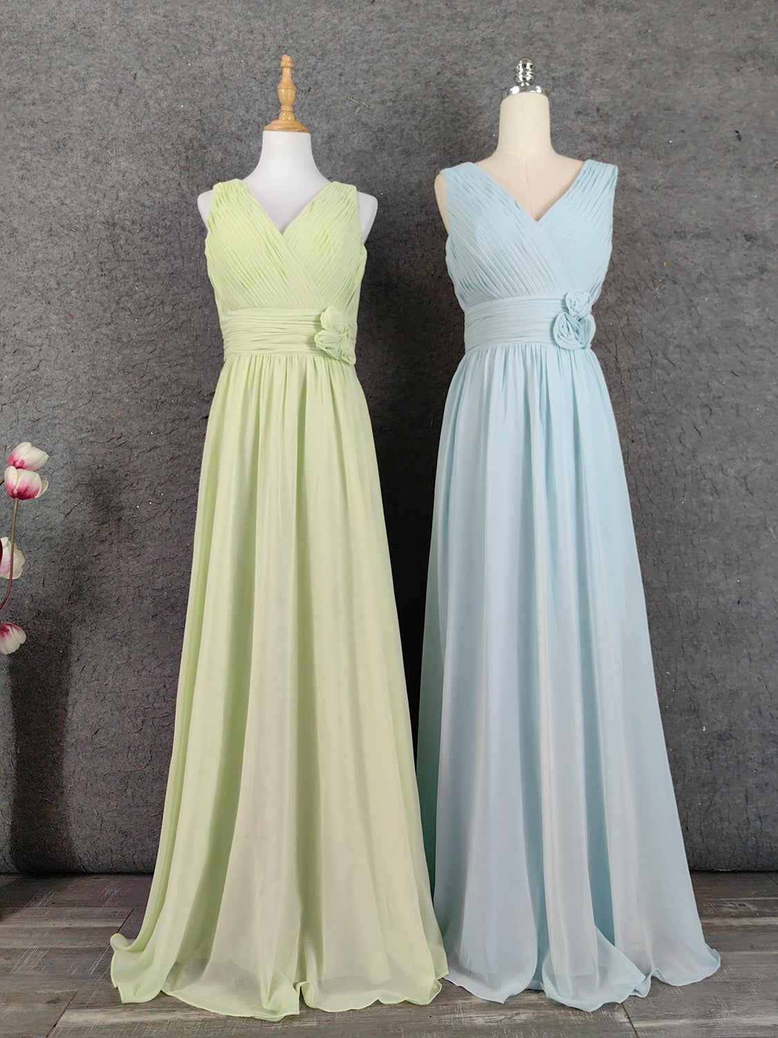 Elegant Light Green A-Line V-Neck Sleeveless Ruffled Chiffon Long Prom Dress Evening Dress P4641