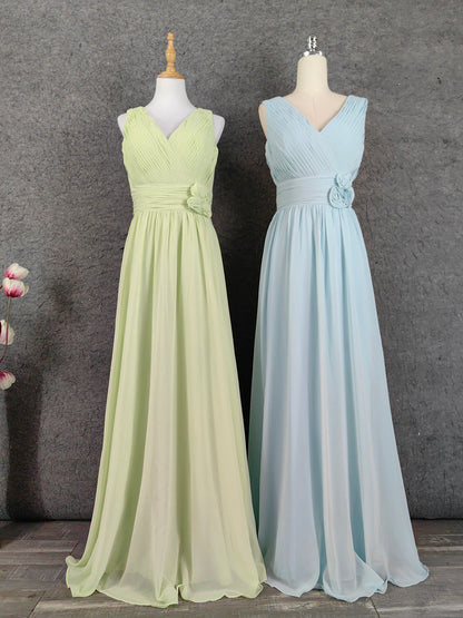 Elegant Light Green A-Line V-Neck Sleeveless Ruffled Chiffon Long Prom Dress Evening Dress P4641