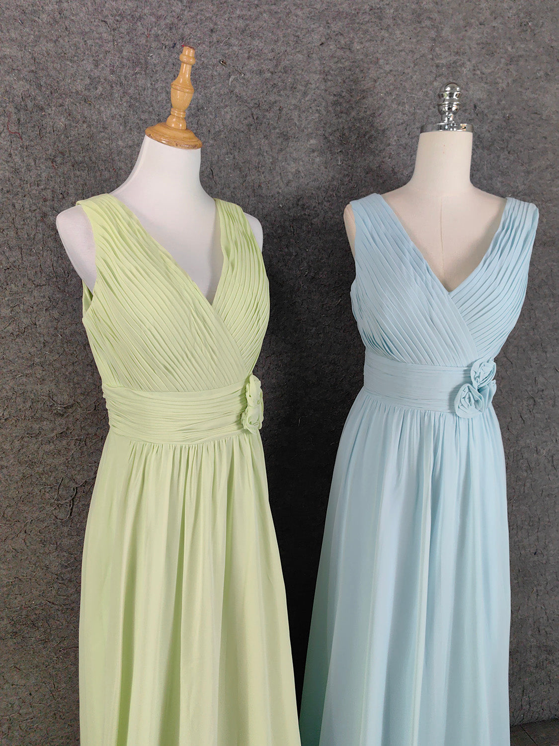 Elegant Light Green A-Line V-Neck Sleeveless Ruffled Chiffon Long Prom Dress Evening Dress P4641