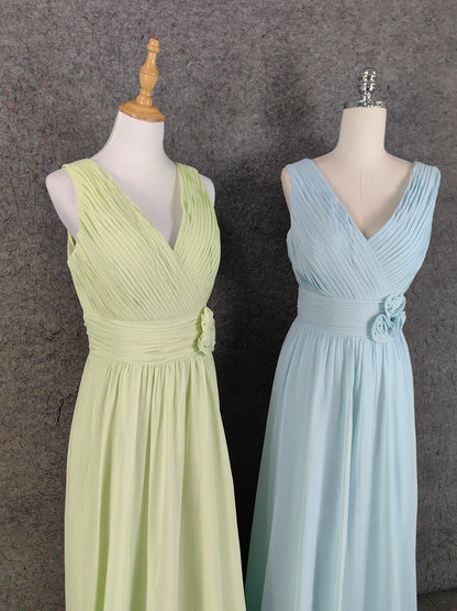 Elegant Light Green A-Line V-Neck Sleeveless Ruffled Chiffon Long Prom Dress Evening Dress P4641