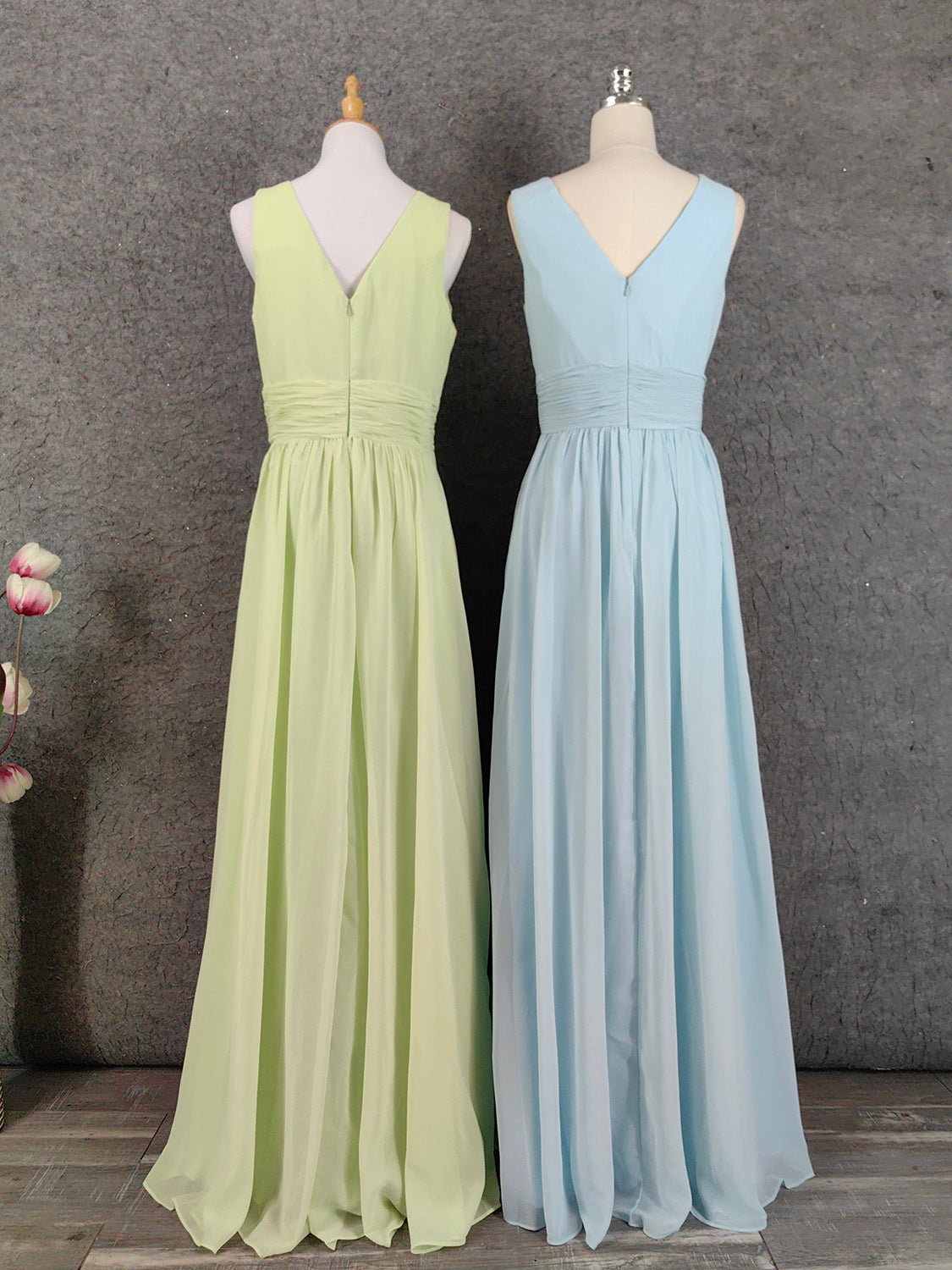 Elegant Light Green A-Line V-Neck Sleeveless Ruffled Chiffon Long Prom Dress Evening Dress P4641