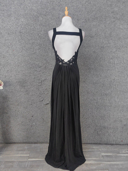 Classic Black V-Neck Sleeveless Open Back Lace Chiffon Long Prom Dress Evening Dress P4642