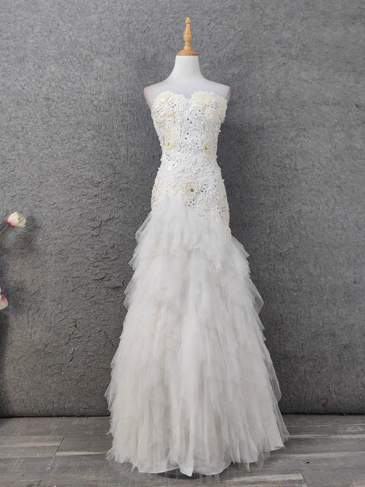 Elegant Pure White Sweetheart Neck Pearl Lace Tulle Long Prom Dress Evening Dress P4645