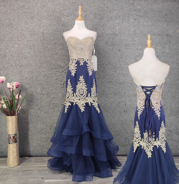 Vintage Navy Blue Sweetheart Neck Lace Rhinestone-Embellished Tulle Long Prom Dress Evening Dress P4646