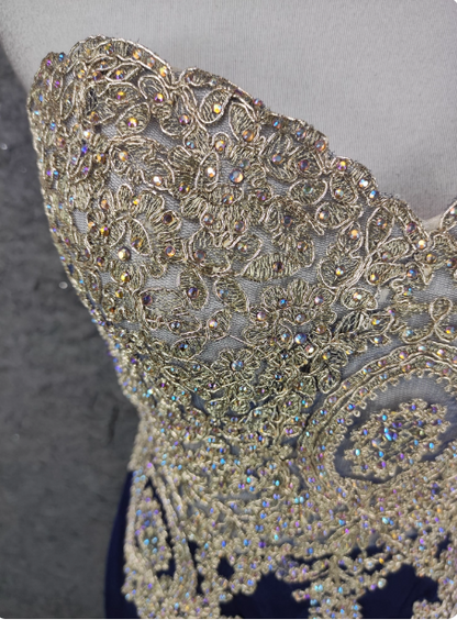 Vintage Navy Blue Sweetheart Neck Lace Rhinestone-Embellished Tulle Long Prom Dress Evening Dress P4646