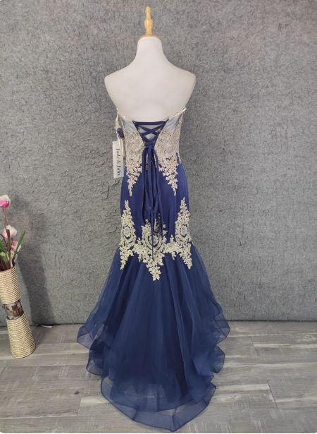 Vintage Navy Blue Sweetheart Neck Lace Rhinestone-Embellished Tulle Long Prom Dress Evening Dress P4646