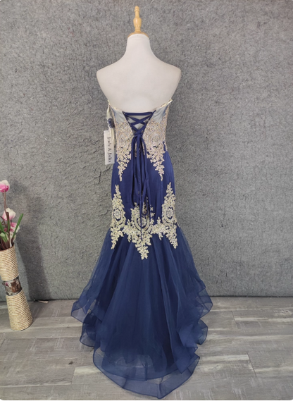 Vintage Navy Blue Sweetheart Neck Lace Rhinestone-Embellished Tulle Long Prom Dress Evening Dress P4646