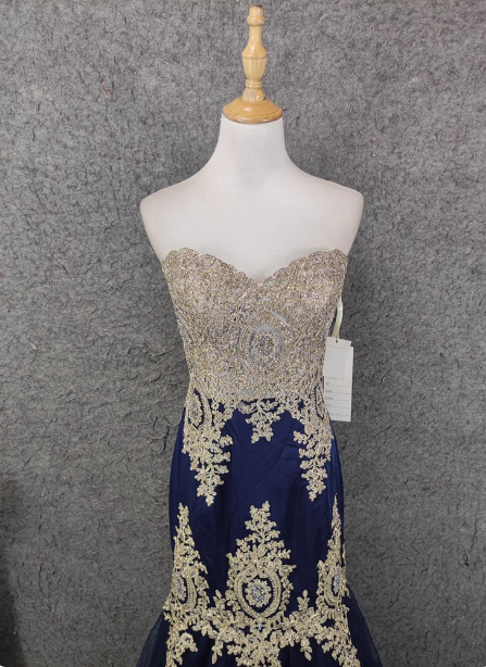 Vintage Navy Blue Sweetheart Neck Lace Rhinestone-Embellished Tulle Long Prom Dress Evening Dress P4646