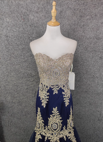 Vintage Navy Blue Sweetheart Neck Lace Rhinestone-Embellished Tulle Long Prom Dress Evening Dress P4646