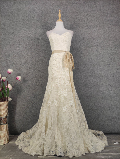 Elegant Champagne Off-White Sweetheart Neck Lace Train Prom Dress Evening Dress P4647