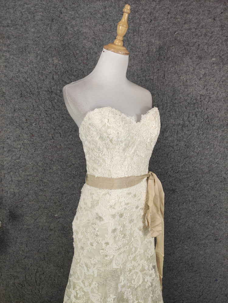 Elegant Champagne Off-White Sweetheart Neck Lace Train Prom Dress Evening Dress P4647