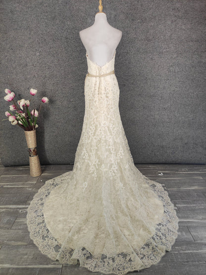 Elegant Champagne Off-White Sweetheart Neck Lace Train Prom Dress Evening Dress P4647