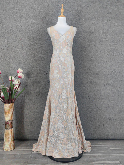 Elegant Blush Pink Lace Gradient Spaghetti Strap V-Neck Train Prom Dress Evening Dress P4648