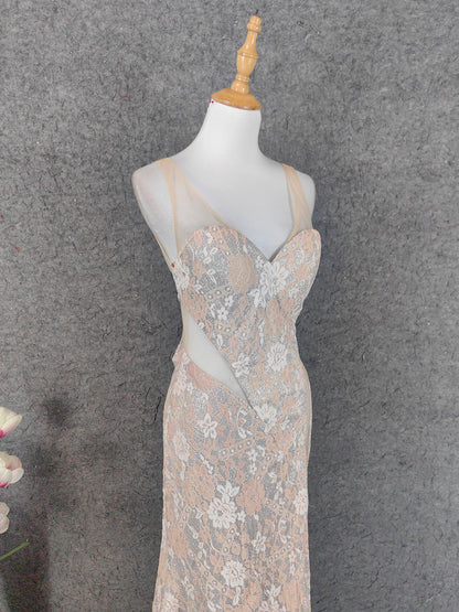 Elegant Blush Pink Lace Gradient Spaghetti Strap V-Neck Train Prom Dress Evening Dress P4648