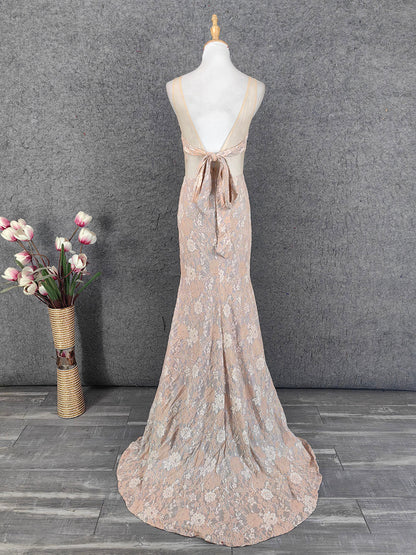 Elegant Blush Pink Lace Gradient Spaghetti Strap V-Neck Train Prom Dress Evening Dress P4648