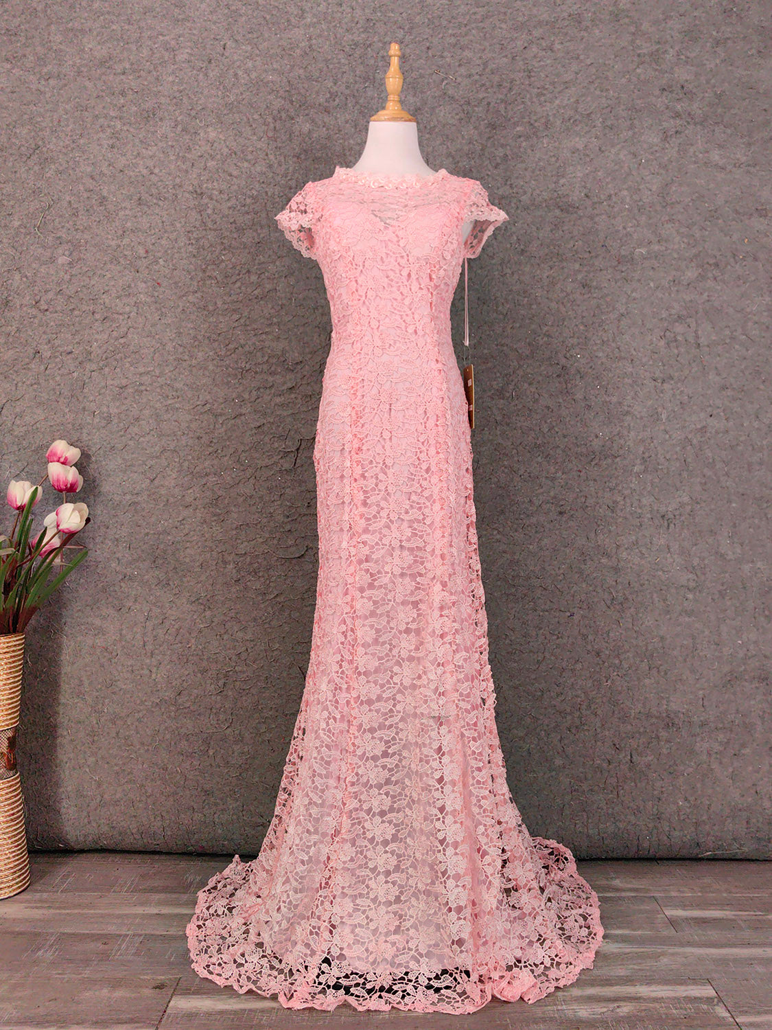 Elegant Pink Mermaid Short Sleeve Crew Neck Cutout Lace Long Prom Dress Evening Dress P4649