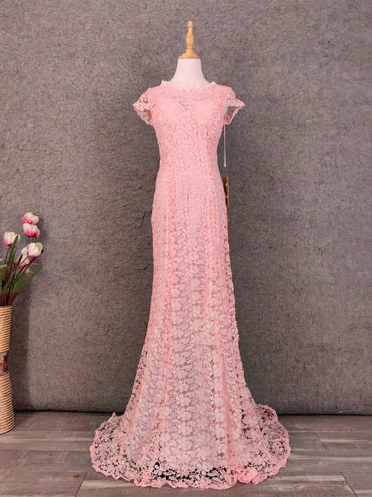 Elegant Pink Mermaid Short Sleeve Crew Neck Cutout Lace Long Prom Dress Evening Dress P4649