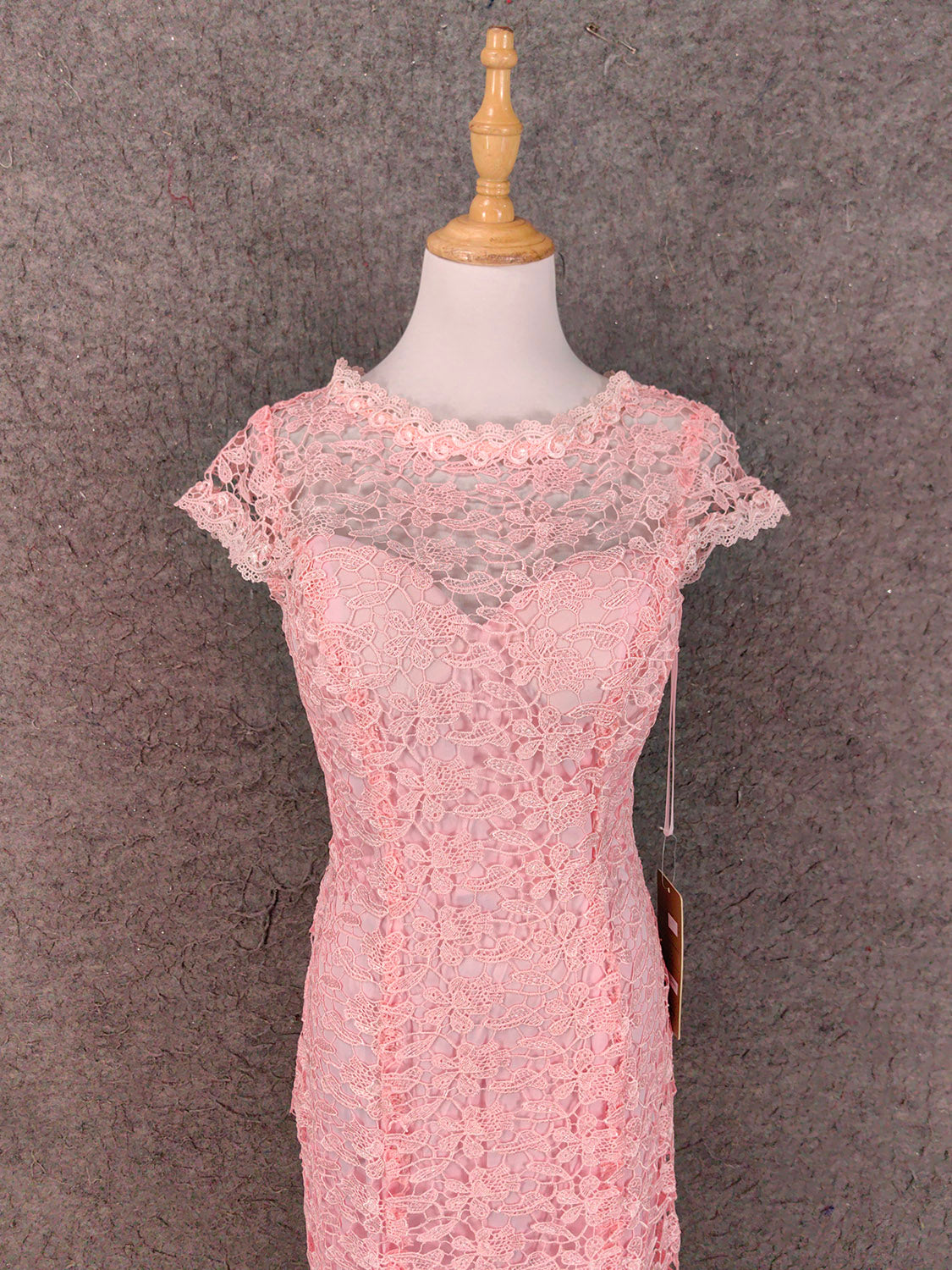 Elegant Pink Mermaid Short Sleeve Crew Neck Cutout Lace Long Prom Dress Evening Dress P4649