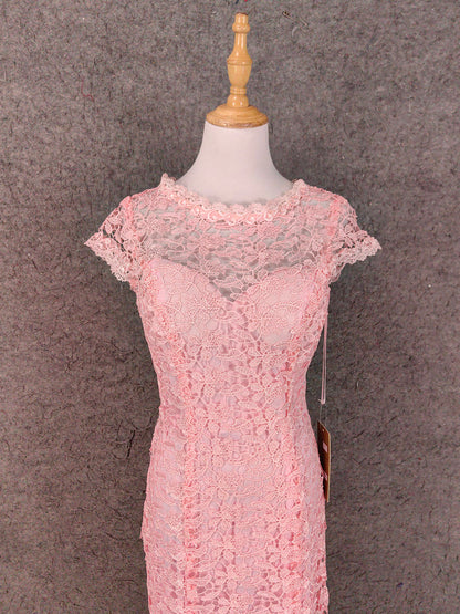 Elegant Pink Mermaid Short Sleeve Crew Neck Cutout Lace Long Prom Dress Evening Dress P4649