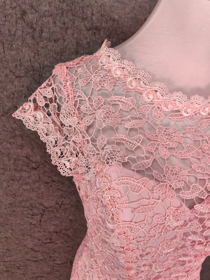 Elegant Pink Mermaid Short Sleeve Crew Neck Cutout Lace Long Prom Dress Evening Dress P4649