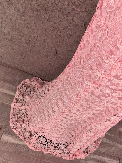 Elegant Pink Mermaid Short Sleeve Crew Neck Cutout Lace Long Prom Dress Evening Dress P4649