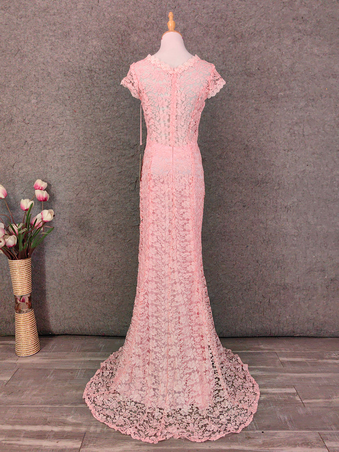 Elegant Pink Mermaid Short Sleeve Crew Neck Cutout Lace Long Prom Dress Evening Dress P4649
