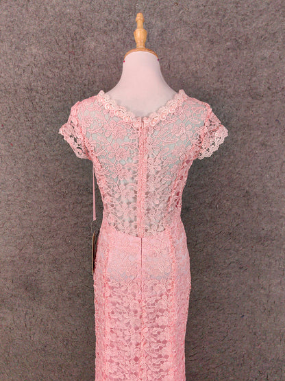 Elegant Pink Mermaid Short Sleeve Crew Neck Cutout Lace Long Prom Dress Evening Dress P4649