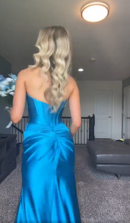 Charming Blue Satin Sweetheart Mermaid High Slit Long Prom Dress Party Dress Evening Dress TP4483
