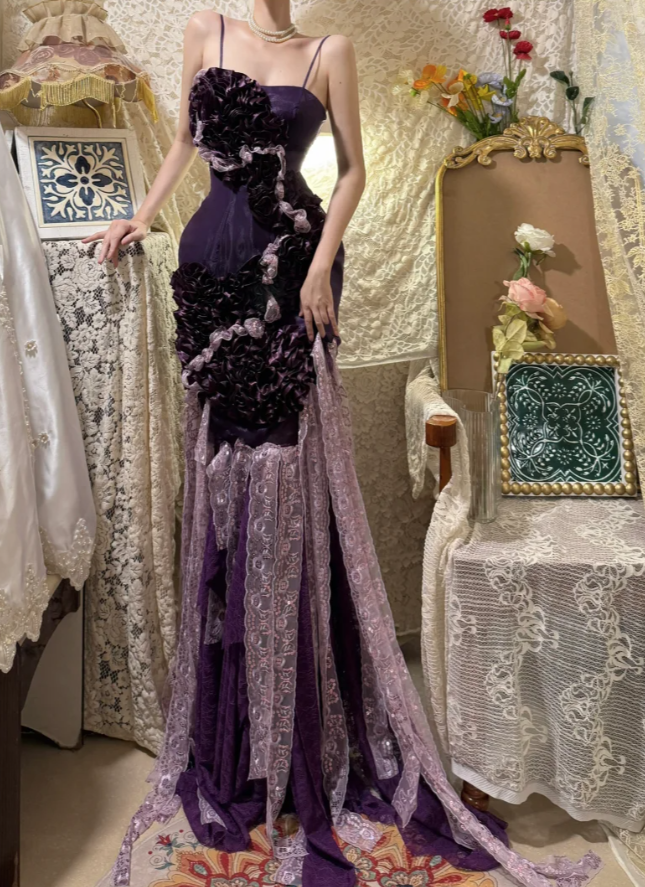 Glamorous Purple Spaghetti Straps Satin Lace Pleated Mermaid Long Party Dress Formal Birthday Prom Dress Evening Gown