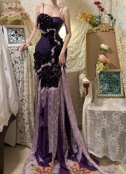 Glamorous Purple Spaghetti Straps Satin Lace Pleated Mermaid Long Party Dress Formal Birthday Prom Dress Evening Gown