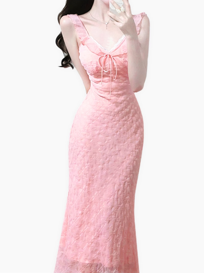 2025 Summer New French Pink Gentle Style Mermaid Princess Plaid Dress R0966