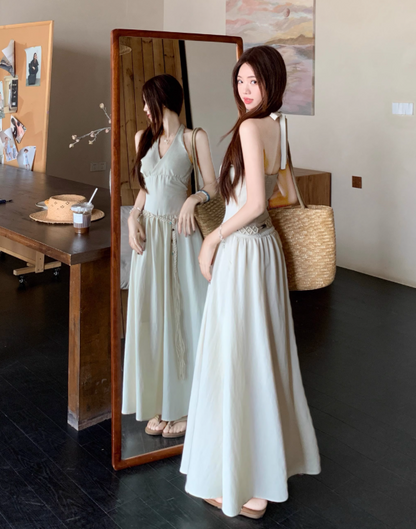 Simple Fashion Beige V-neck Design Beach Holiday A-line with Belt Halter Dress TP3371