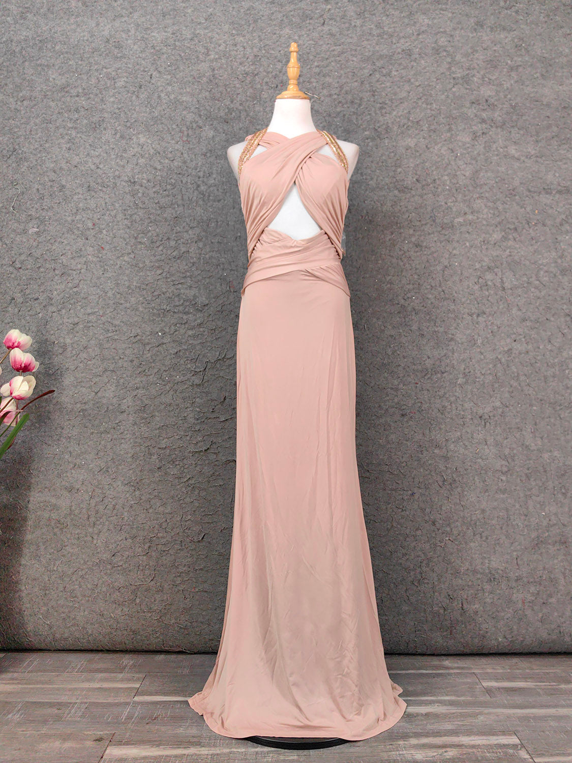 Stunning Pink Sleeveless Cross Neck Beaded Satin Long Prom Dress Evening Dress P4650