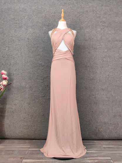 Stunning Pink Sleeveless Cross Neck Beaded Satin Long Prom Dress Evening Dress P4650