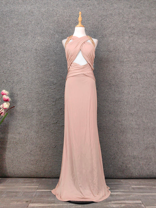 Stunning Pink Sleeveless Cross Neck Beaded Satin Long Prom Dress Evening Dress P4650